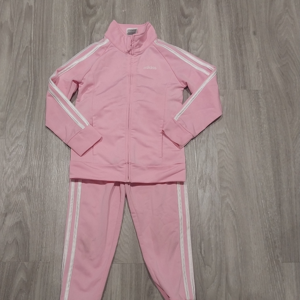 Adidas Girls Pink Tracksuit with White Stripes Size 5